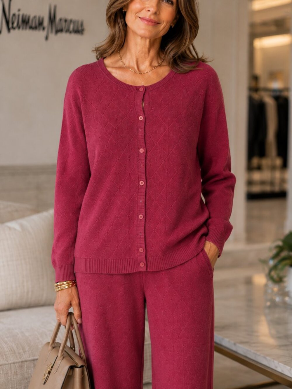 Neiman Marcus Cashmere 2pc Set Women's Berry Diamond Knit Cardigan Sz 2X